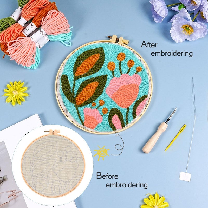 KESTAR Punch Needle Embroidery Starter Kits, Tulip Flower Punch Needle Kits for Adults Beginner, Needle Punch Kit Tool with Instruction Threader Fabric Yarns and Hoop - Image 4